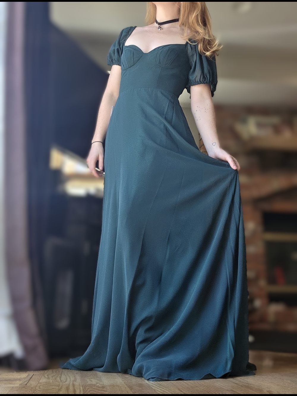 Azazie × Barbie Pine Green Sweetheart Puff-Sleeve Maxi Dress